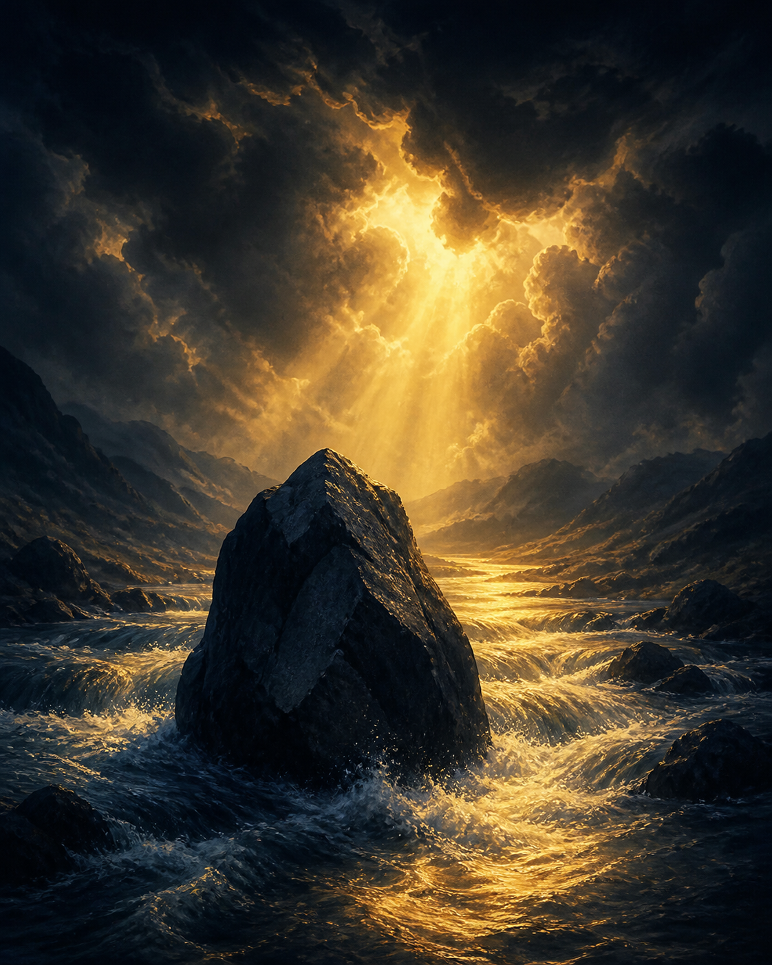 A steadfast rock surrounded by a golden river beneath storm clouds